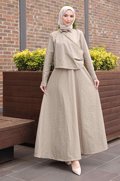 İmajButik Light Mink Button Detailed Dress