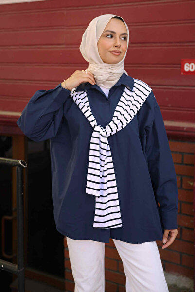 İmajButik Navy Blue Shawl Tie Detailed Garnished Shirt
