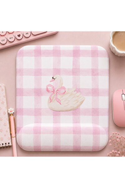 matizya Pembe Ekose Kuğu Desenli Kare Bilek Destekli Mousepad 19x23 cm Kawaii...