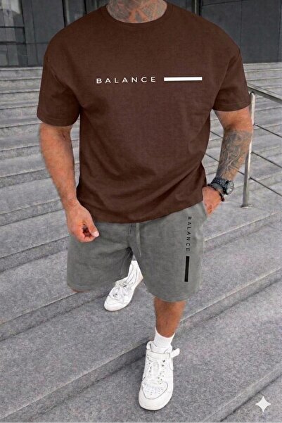 NO 601 Men's Brown Balance Printed T-Shirt and Gray Shorts Set