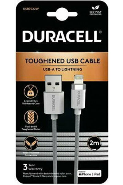 Duracell Καλώδιο USB-A σε Lightning Πλεγμένο με Κέβλαρ Λευκό 2μ (USB7022W)
