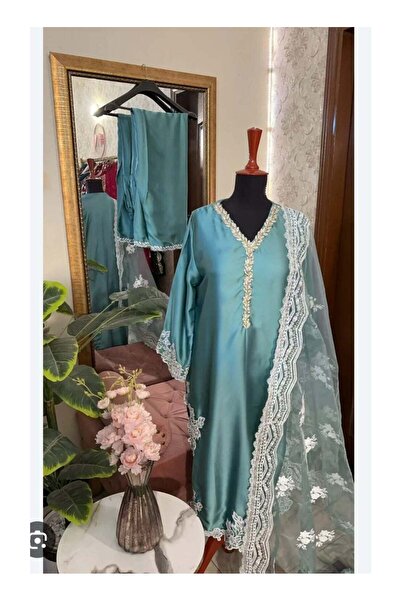 Generic Women's Embroidered Suit Set, Teal Blue, White Lace Detail, V-Neck, 3...