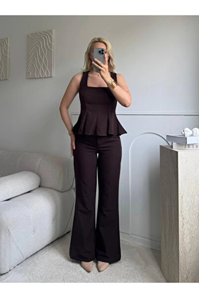 Zora Butik Premium Volanlı Pantolon Takım - KAHVE