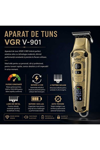 VGR Masina de tuns profesionala V-901 pentru par si barba, Display LED, 4 Tre...