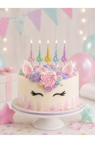 Unicorn Temalı Boynuz Pasta Mumları Metalik Çok Renkli - 5li