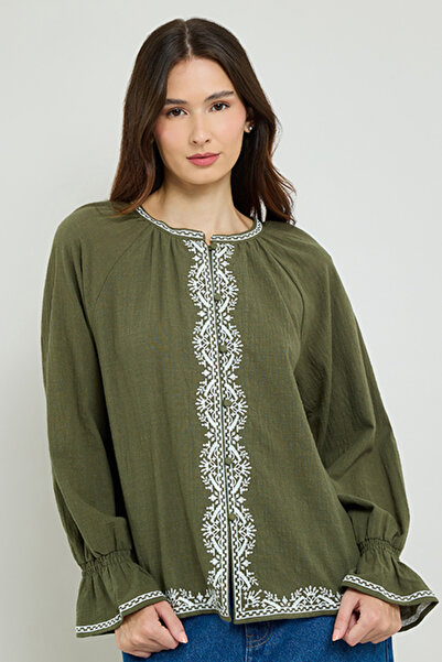 R&B Embroidered Top with Crew Neck and Flounce Sleeves
