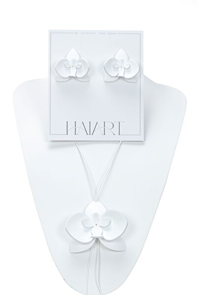 HAIArt Orchid Necklace + Earrings Top Bottom Set - Pure White & Gold