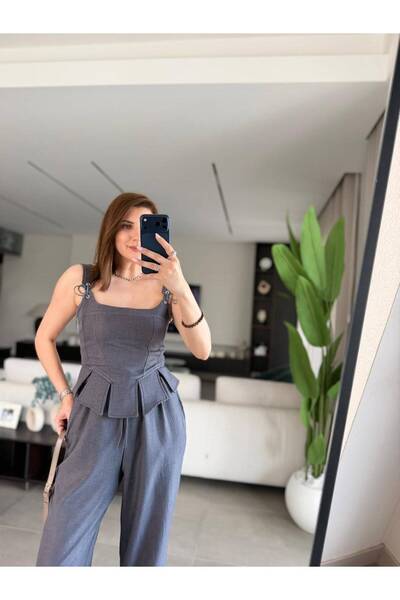 mylunessa Mas Du Indigo Corset Blouse Linen Suit with Trousers
