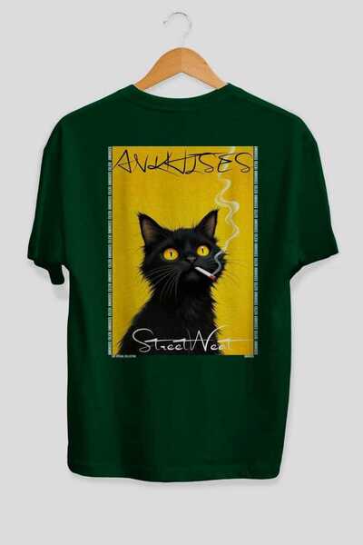 Ankhises For the Love of Cats 29 Cats Printed Green Oversize T-Shirt 100% Cot...