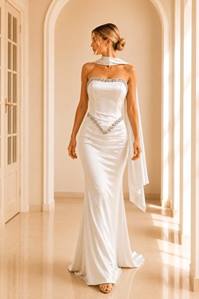 Rain and River Stone Embroidered Satin Fish Tail Dress"