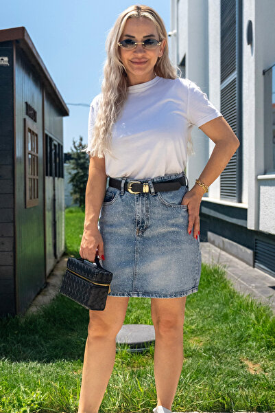 Muna Boutique Katri Stone Detailed High Waist Mini Denim Skirt – Jean Mini Sk...