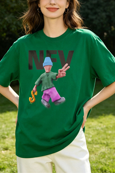 Fleck تي شيرت نسائي Nfv بتصميم شخصية كرتونية وعلامة السلام باللون الأخضر بتصم...