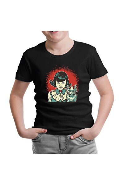 Lord T-Shirt Mysterious Halloween - Mystic Girl and Mascot Cat Black Kids Tshirt
