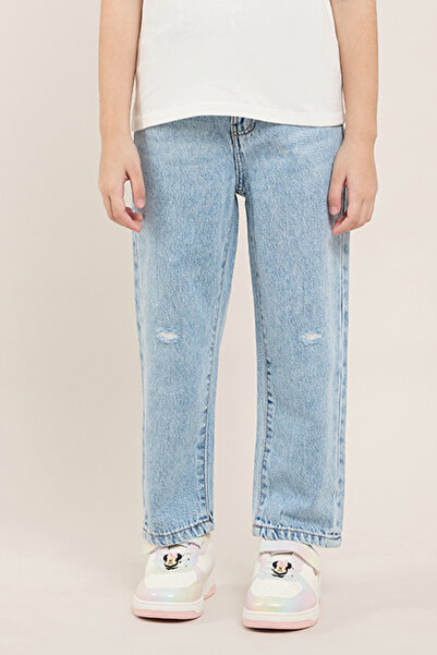 R&B Destressed Straight Fit Jeans with Button Closure