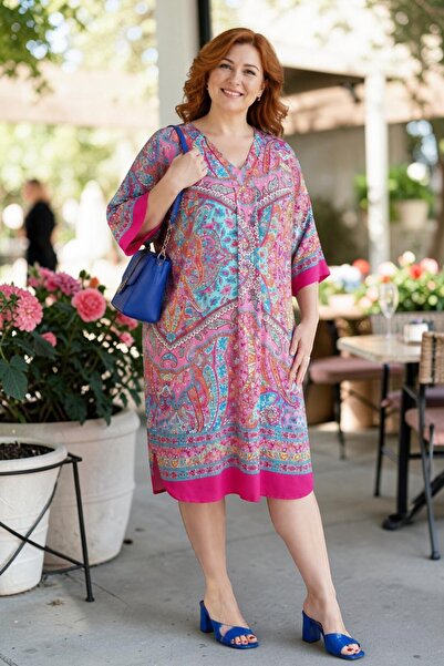 SHOPPEBUTİK Fuchsia V-Neck Shawl Patterned Dress
