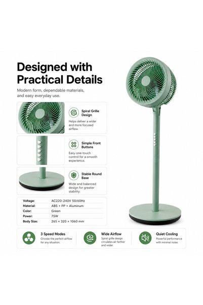 modi 10 Inch Pedestal Fan, 75W Floor Standing Fan with 3 Speed Settings, Oscillation, Adjustable Height & Tilt, Quiet Cooling Stand Fan for Bedroom Home Office, Green