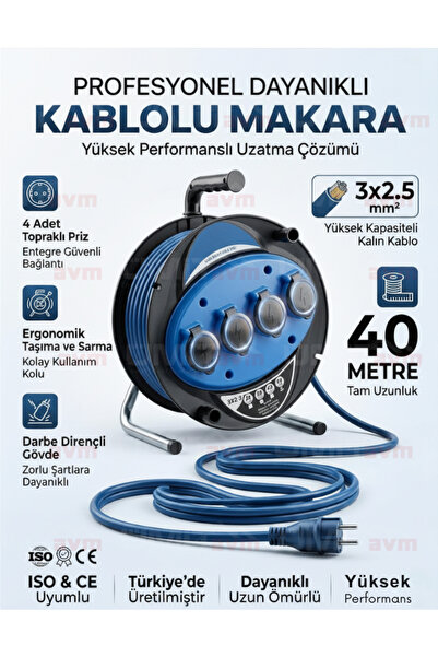 ÜMİTAVM Seyyar Kablo Makarası 3x2.5 mm 40 Metre 4'lü Topraklı Priz Uzatma Kab...