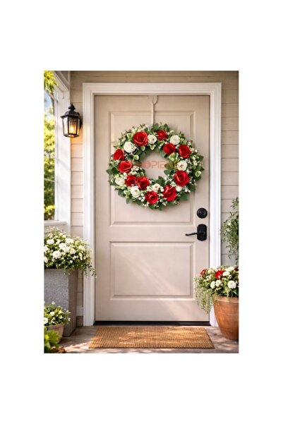 SHOPIENS Circular Floral Ornament for Door with Red White Artificial Roses an...