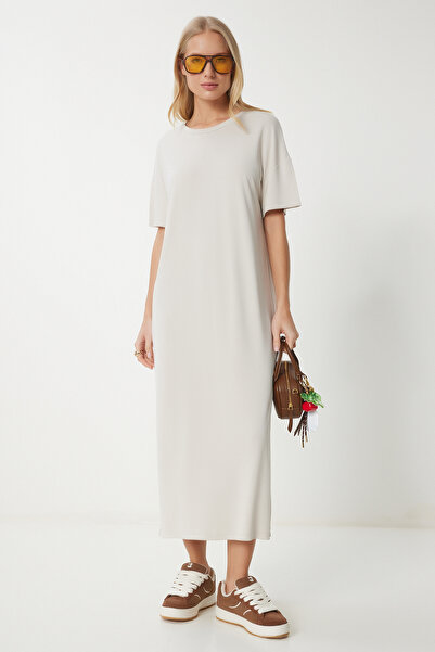Lovelyİstanbul Oversize Basic Yazlık Örme Elbise LUB0082 KREM