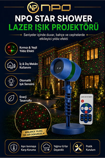 NPO SH01 Star Shower Kırmızı Yeşil Lazer Işık Projektörü Kumandalı Bahçe Duva...