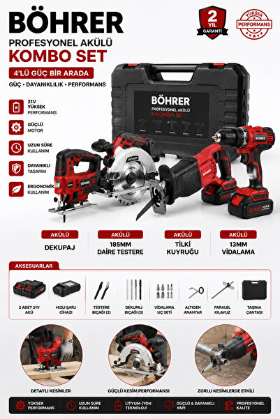 BÖHRER PROFESYONEL 4 LÜ 21V 4AH KOMBO MARANGOZ SET - AKÜLÜ DEKUPAJ + DAİRE TE...