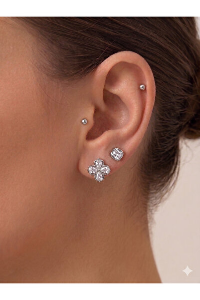 BİJU YILMAZ 26Clk12 Flower Detailed Silver Steel Earring Set