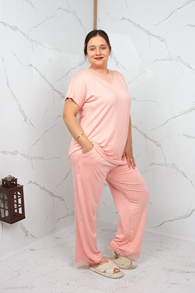 Truva XXL Plus Size Lace Viscose Pajama Set Powder
