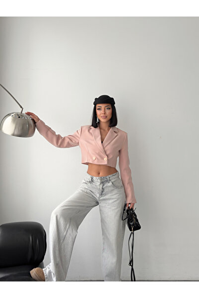 Bukamiss Women's Double-Breasted Crop Blazer Jacket Yavruağzı