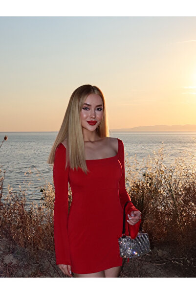 AB LOOKS Women's Red Square Collar Deep Slit Spanish Sleeve Mini Dress No Inn...