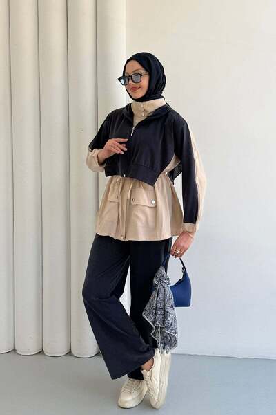 Modaensarbutik Tencel Kumaş Pantolonlu Üçlü Tesettür Takım-LACİVERT