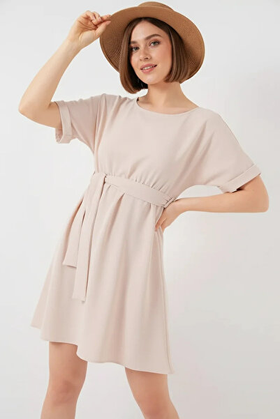 Efnaz style Women's Round Neck Belted Short Sleeve Mini Length Cream Dress