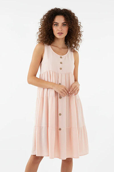 Efnaz style Women's Zero Sleeve Ruffled Buttoned Viscose Powder Dress