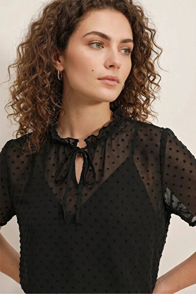 Şeker Portakalım Women's Ruffle Collar Short Sleeve Dot Patterned Chiffon Bla...