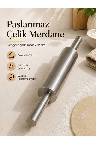 VD Metal Hamur Açma Merdanesi Paslanmaz Çelik Pasta Börek Kurabiye Merdanesi