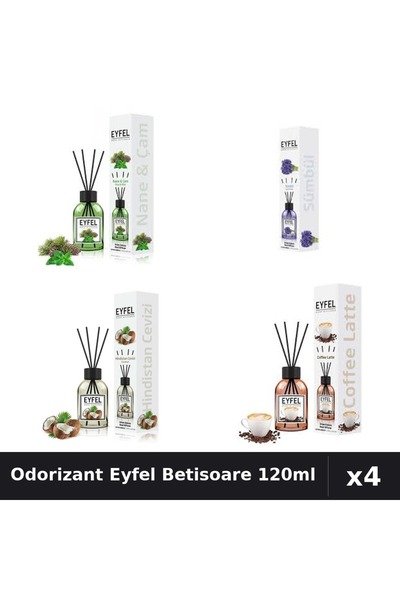 Eyfel Set 4 Odorizant Camera Betisoare - Cafea, Nucă Cocos, Pin Mentă, Zambil...