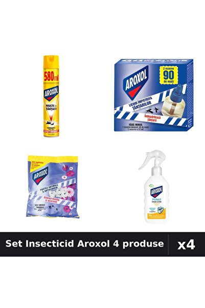 Aroxol Set 4 Insecticid - Spray 580ml, Aparat 45 nopti, Pastile 20 buc, Loțiu...