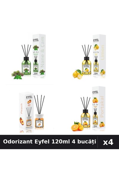 Eyfel Set 4 Odorizante Camera Betisoare 120ml - Lămâie, Piersică, Pin, Portocală