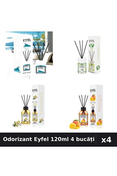 Eyfel Set 4 Odorizant Camera Betisoare 120ml - Ocean, Iasomie, Mango, Mâna Ma...