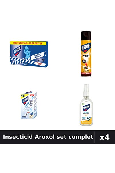 Aroxol Set 4 Insecticid - Spray 400ml, Pastile 60buc, Aparat Electric, Loțiun...
