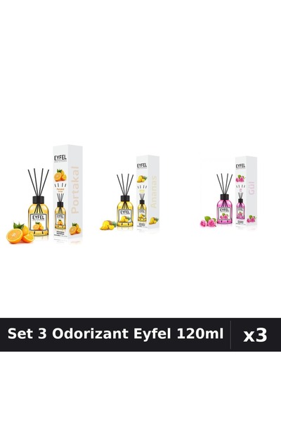 Eyfel Set 3 Odorizante Camera Betisoare, Ananas, Portocala, Trandafir, 120 ml