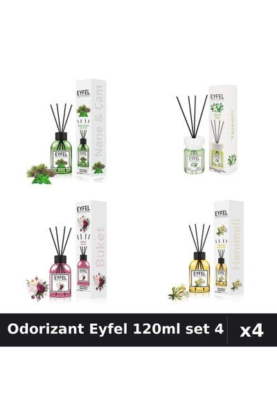 Eyfel Set 4 Odorizant Camera Betișoare 120ml - Pin Mentă, Iasomie, Bouquet, Mană
