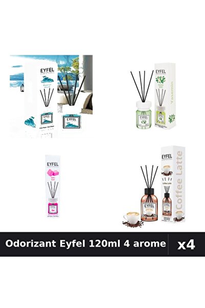 Eyfel Set 4 Odorizant Camera Betisoare 120ml - Ocean, Iasomie, Bubble Gum, Cafea