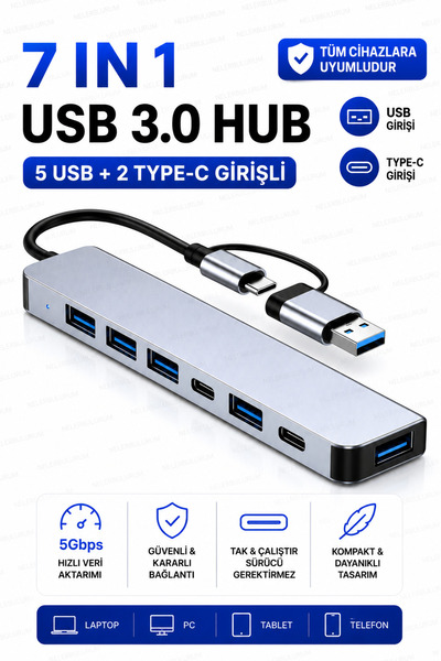 nelerbulurum Tüm Cihazlara Uyumlu 5 USB + 2 TYPE-C Girişli Type-C Ve USB HUB ...
