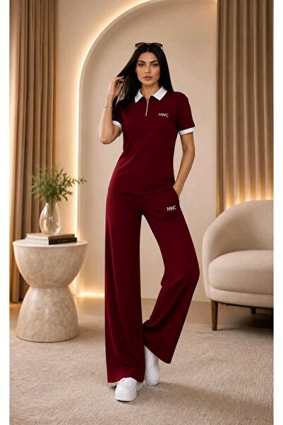 AY MONTANA Set de trening Elayy Burgundy cu guler polo, 2 piese