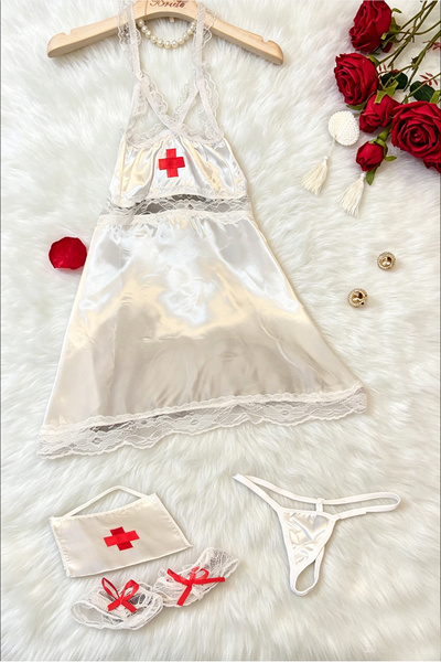 JInsh Nurse Costume Lingerie Set with & Wrist Cuffs, Satin Lace Halter Chemis...
