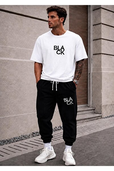 FAEL LİFE Unisex Wide Cut Tracksuit and T-Shirt Black Printed Set