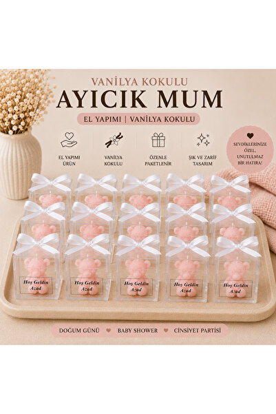 F&A Candle 50 ADET Kişiye Özel El Yapımı Pembe Ayıcık Mum – Vanilya Kokulu Ni...