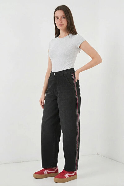 buğrahayalin Women's High Waist Side Stripe Cotton Wide Leg Black Palazzo Tro...