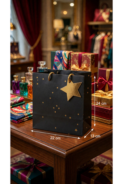 BİLGİ K K Luxury Cardboard Bag with Drawstring, Gray Color, Star Pattern, Gif...