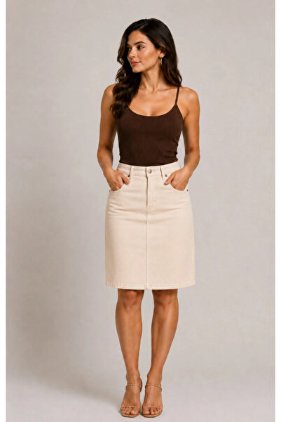 TugsatTasarTekstil Women's Beige Cream Denim Skirt High Waist Midi Length Den...